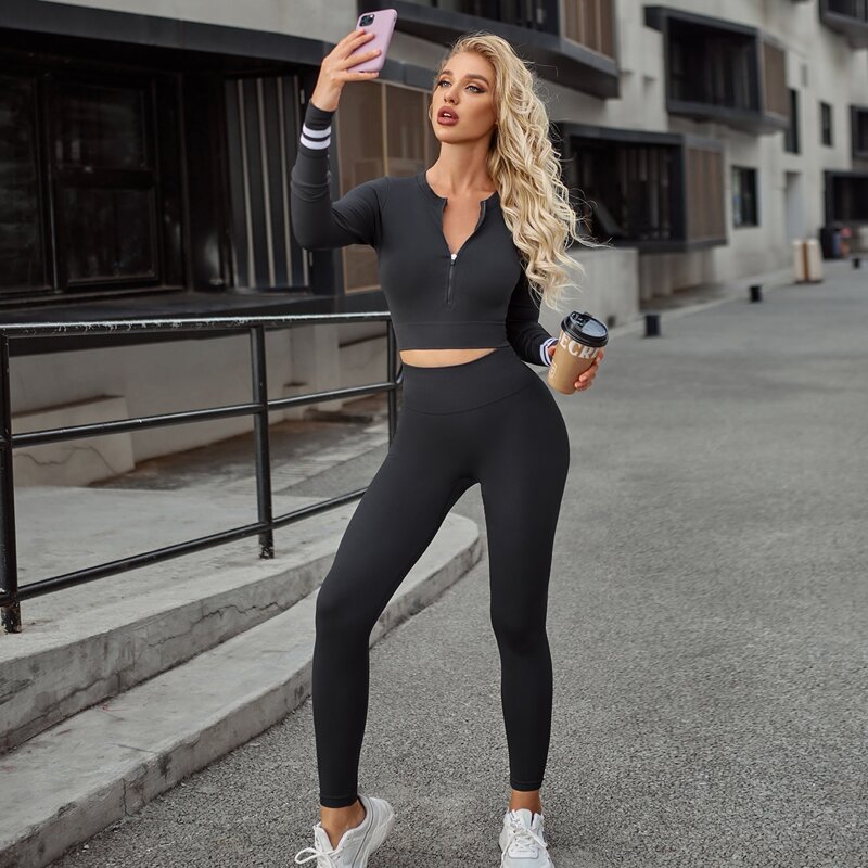 

Striped Print Zip Up Crop Sports Jacket With Leggings, Dark grey