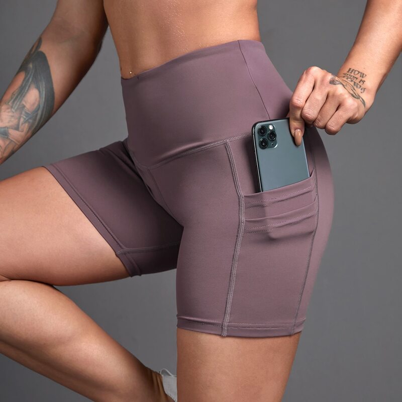 

Solid Sports Shorts With Phone Pocket, Mauve purple