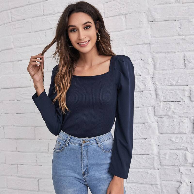 

Gigot Sleeve Rib-knit Top, Navy blue
