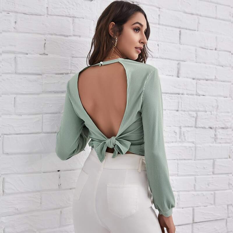 

Tied Open Back Rib-knit Tee, Pastel mint green