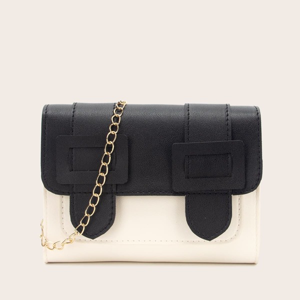 

Stitch Trim Color Block Flap Chain Bag, Black and white