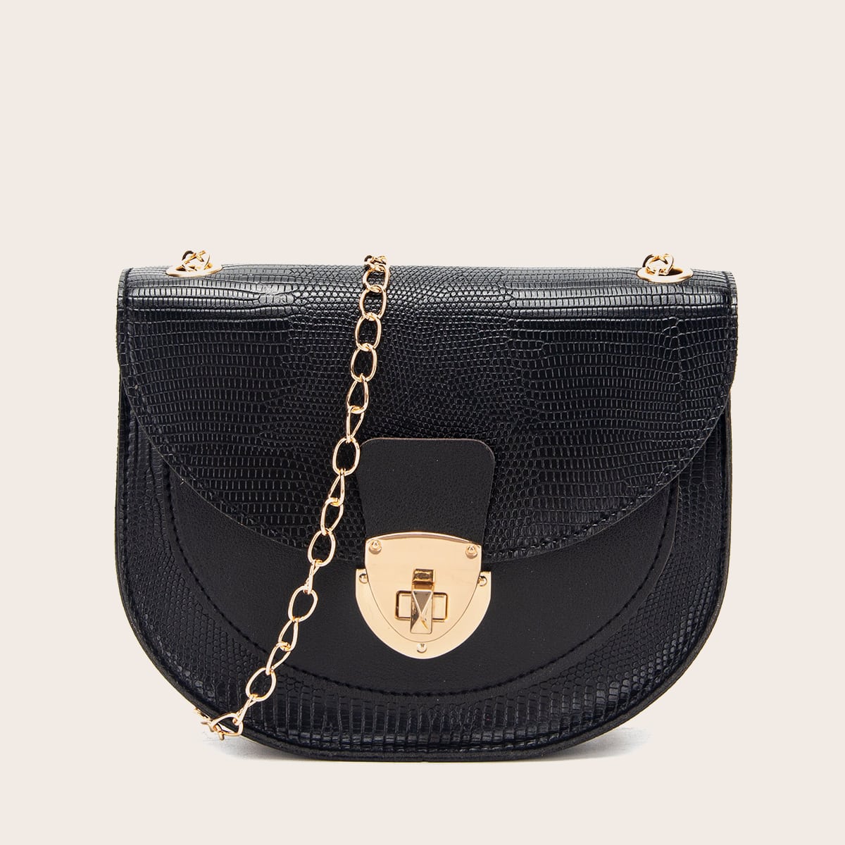 Image of Lizard Print Turn-Lock Chain Saddle Bag
