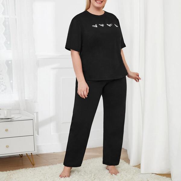 

Plus Heart Print Pajama Set, Black