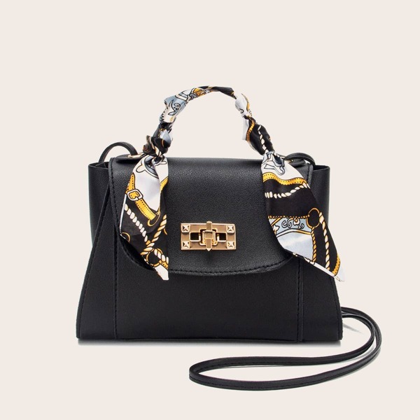 

Twilly Scarf Decor Turn-Lock Satchel Bag, Black