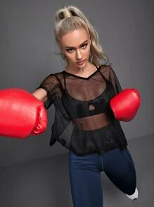 Easithlete Sheer Fishnet Sports Tee Without Bra - Black - View 1