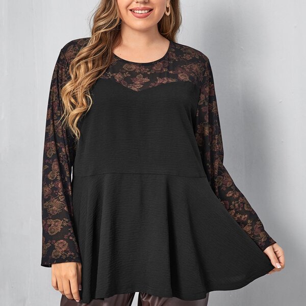 

Plus Flower Print Textured Ruffle Hem Tee, Black