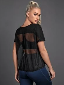 Easithlete Sheer Fishnet Sports Tee Without Bra - Black - View 3