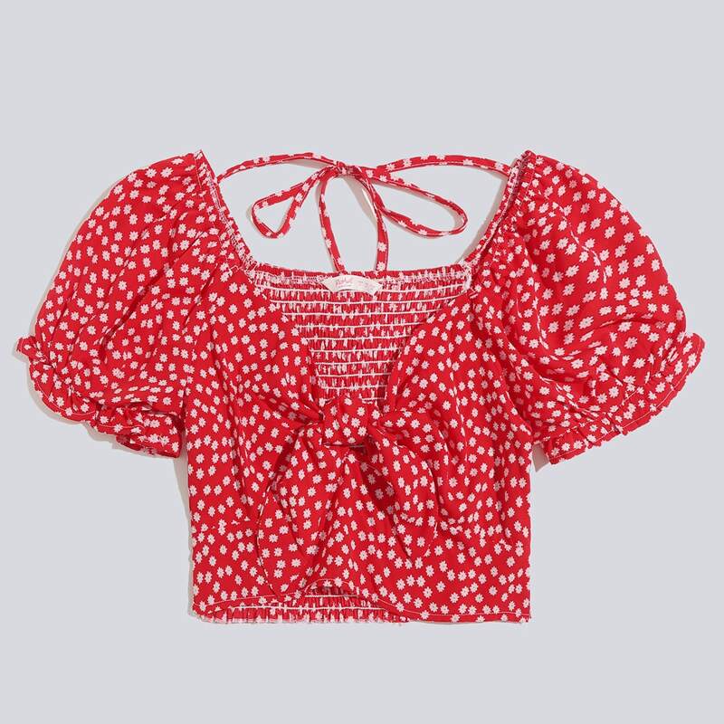

Ditsy Flower Tie Back Crop Top, Red