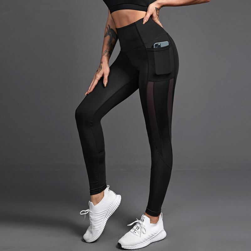 

Mesh Insert Sports Leggings With Phone Pocket, Black