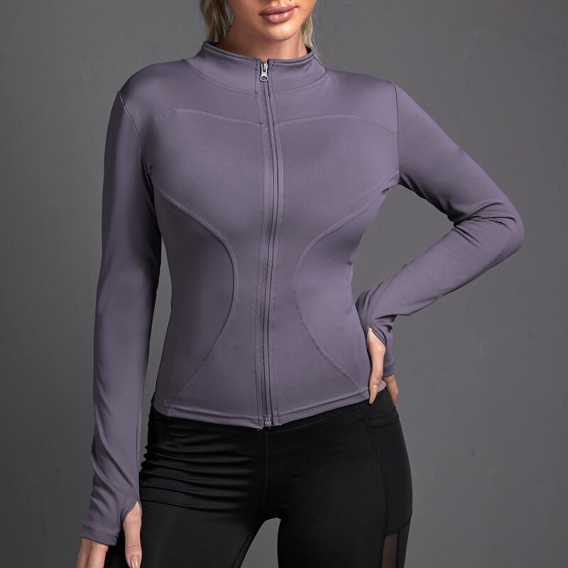 

Solid Zip Up Sports Jacket With Thumb Holes, Purple