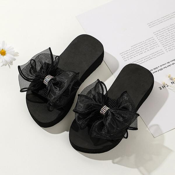 

Girls Rhinestone & Bow Decor Slippers, Black