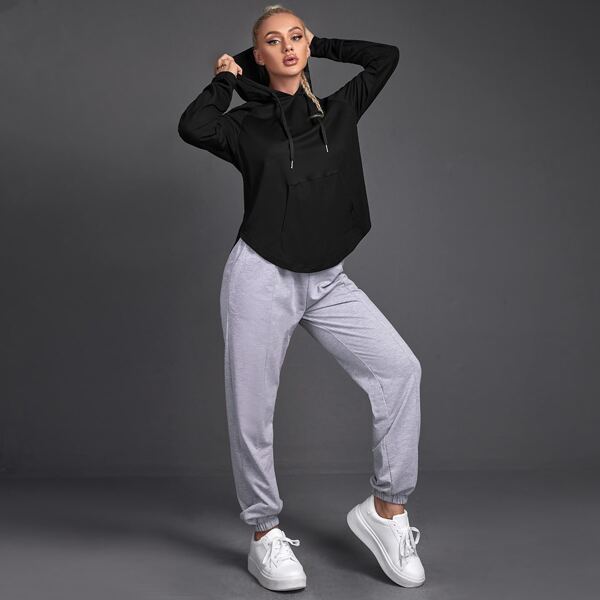

Kangaroo Pocket Raglan Sleeve Drawstring Sports Hoodie, Black