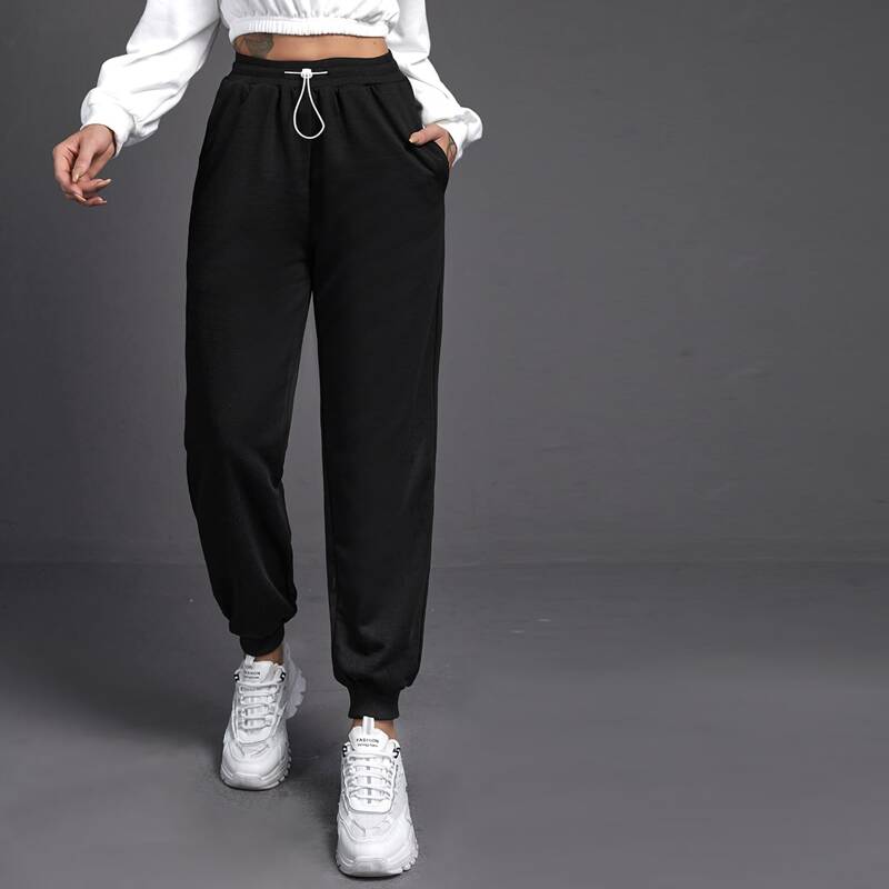 

Drawstring Waist Slant Pocket Sports Pants, Black