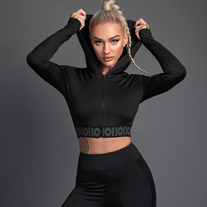 

Letter Graphic Zip Up Hooded Crop Sports Jacket, Black