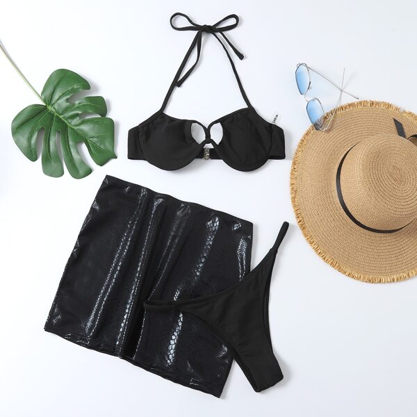 

3pack Cut Out Underwire Bikini Swimsuit & Skirt, Black