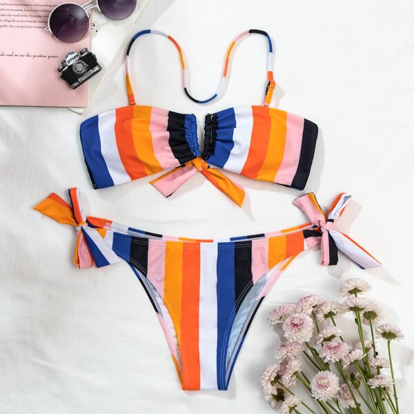 

Striped V Wired Tie Side Bikini Swimsuit, Multicolor