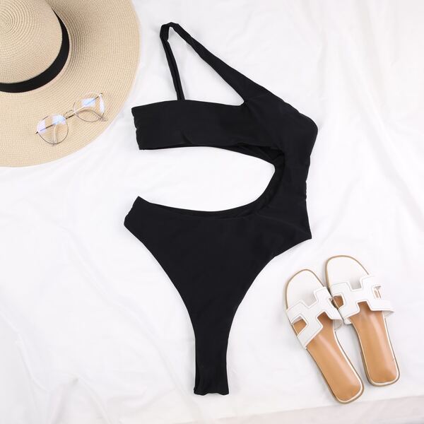 

Cut-out One Shoulder One Piece Swimsuit, Black