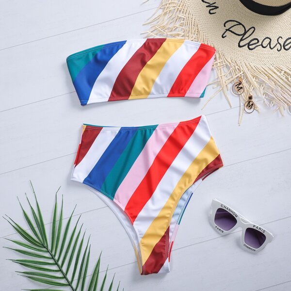 

Striped Bandeau Bikini Swimsuit, Multicolor