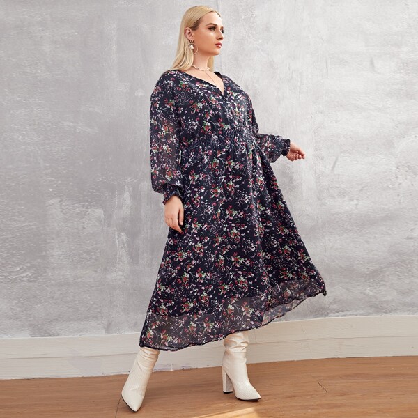 

Plus Allover Floral Button Front Shirred Dress, Multicolor