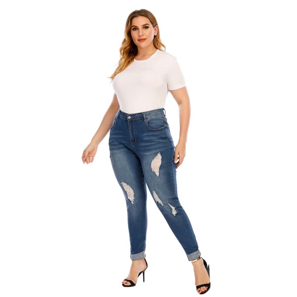 

Plus Ripped Raw Hem Washed Skinny Jeans Without Belt, Medium wash