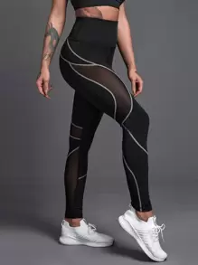 Yoga Futuristic Mesh Panel Topstitching Sports Leggings - Black - View 1