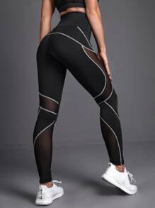 Yoga Futuristic Mesh Panel Topstitching Sports Leggings - Black - View 2