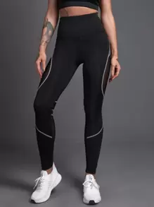 Yoga Futuristic Mesh Panel Topstitching Sports Leggings - Black - View 3