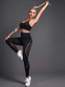 Yoga Futuristic Mesh Panel Topstitching Sports Leggings - Black - View 4