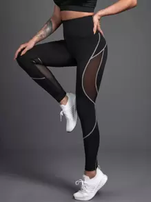 Yoga Futuristic Mesh Panel Topstitching Sports Leggings - Black - View 5