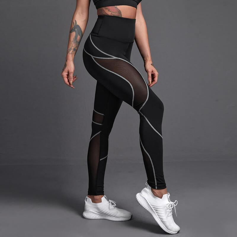 

Mesh Panel Topstitching Sports Leggings, Black