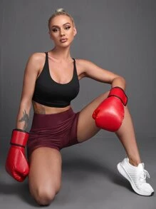 Yoga Futuristic Quần short thể thao Tương phản Mesh màu trơn - Màu Tím - Xem 3