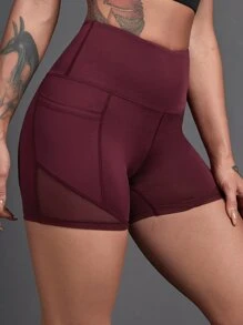 Yoga Futuristic Quần short thể thao Tương phản Mesh màu trơn - Màu Tím - Xem 5