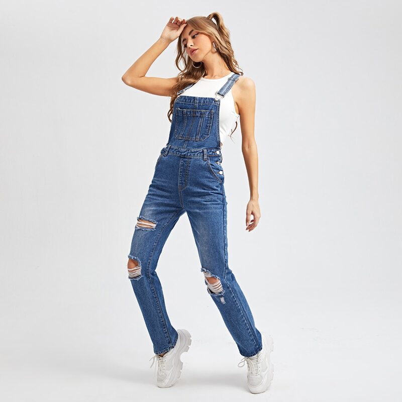 

Ripped Pocket Patched Denim Overall, Medium wash