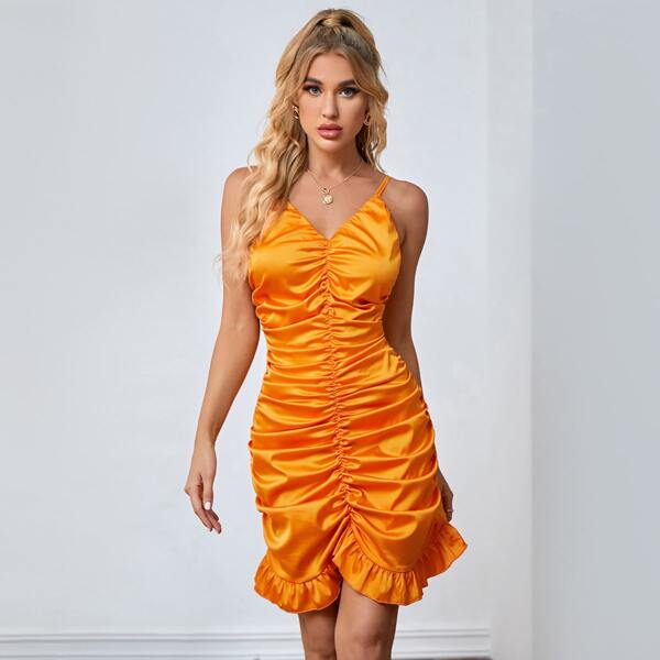 

Neon Orange Ruffle Hem Ruched Satin Dress, Orange neon