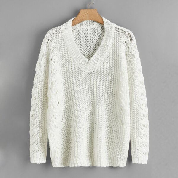 

Plus Pointelle Knit V-neck Solid Sweater, White