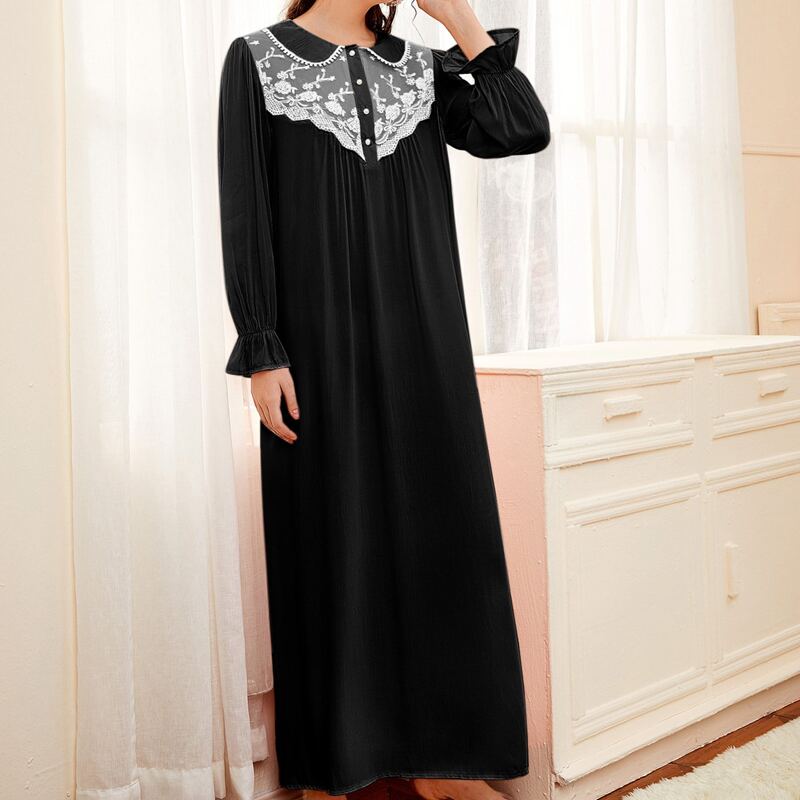 

Lace Panel Flounce Sleeve Night Dress, Black