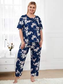 Plus Floral Print Pajama Set - Navy Blue - View 4