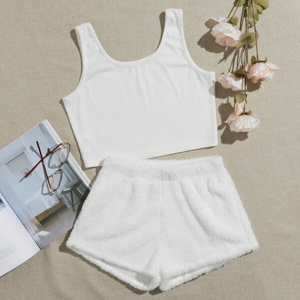 

Rib-knit Tank Top With Teddy Shorts Lounge Set, White