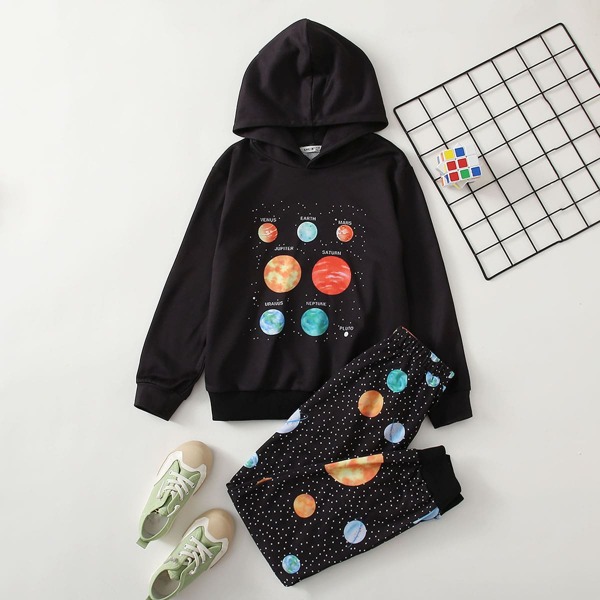 

Boys Planet Print Hoodie & Joggers Set, Black