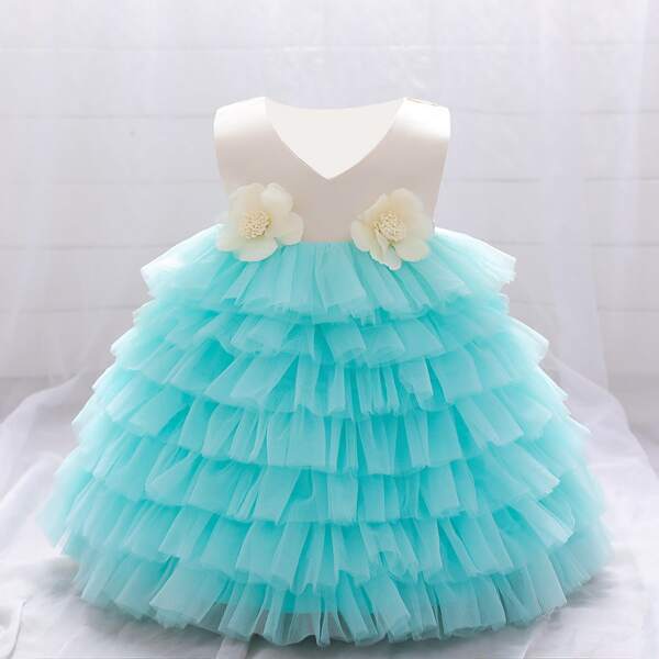 

Toddler Girls Appliques Layered Gown Dress, Mint blue
