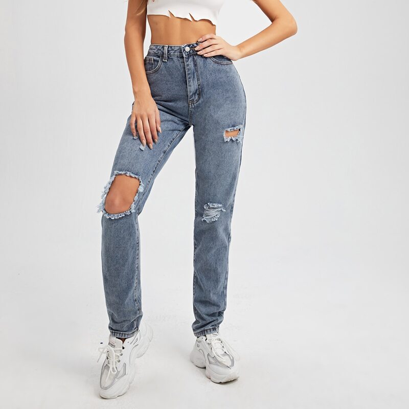 

High Waist Ripped Mom Jeans, Light wash