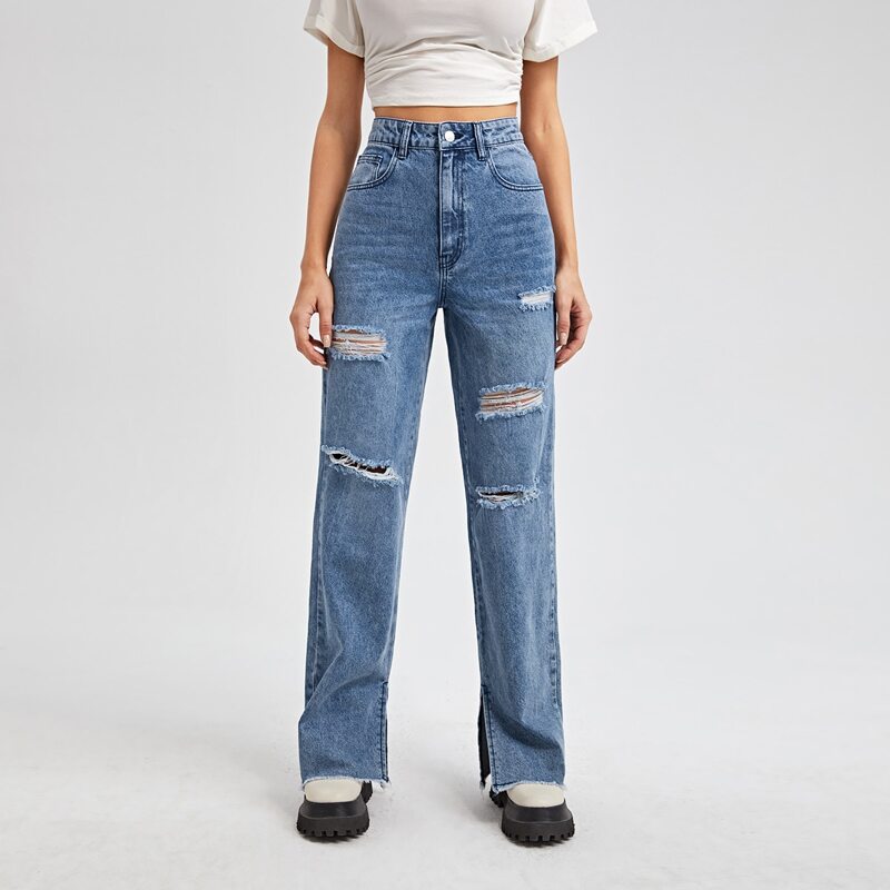 

High Waist Ripped Straight Leg Jeans, Light wash