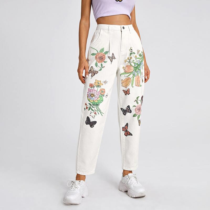 

High Waist Floral & Animal Print Mom Jeans, Beige