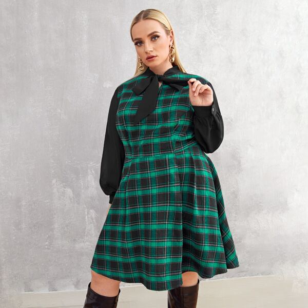 

Plus Tie Front Tartan Dress, Multicolor