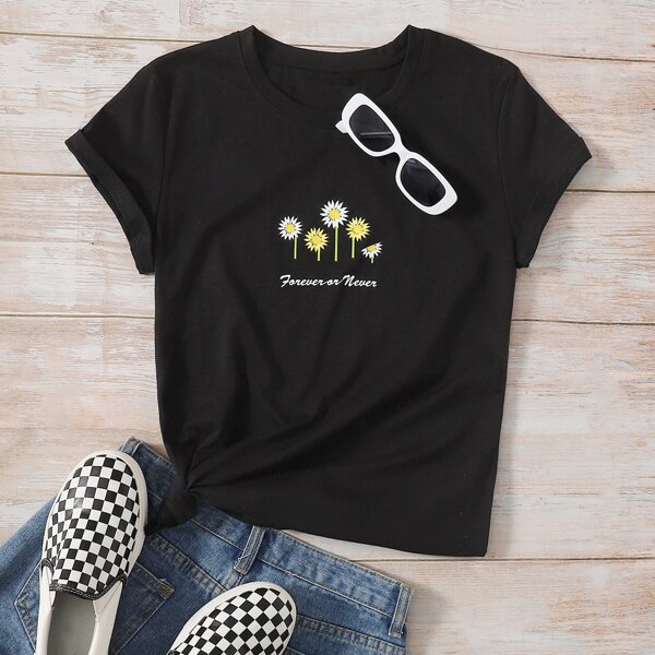 

Flower And Slogan Graphic Tee, Black