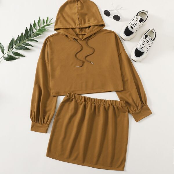

Plus Drop Shoulder Drawstring Hoodie & Skirt, Brown