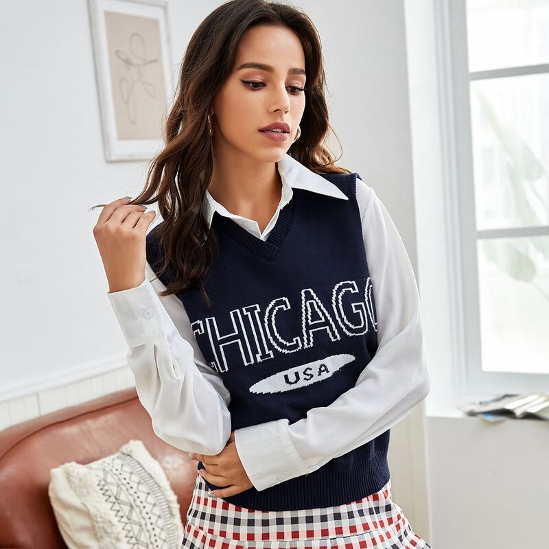 

Letter Pattern Sweater Vest, Navy blue