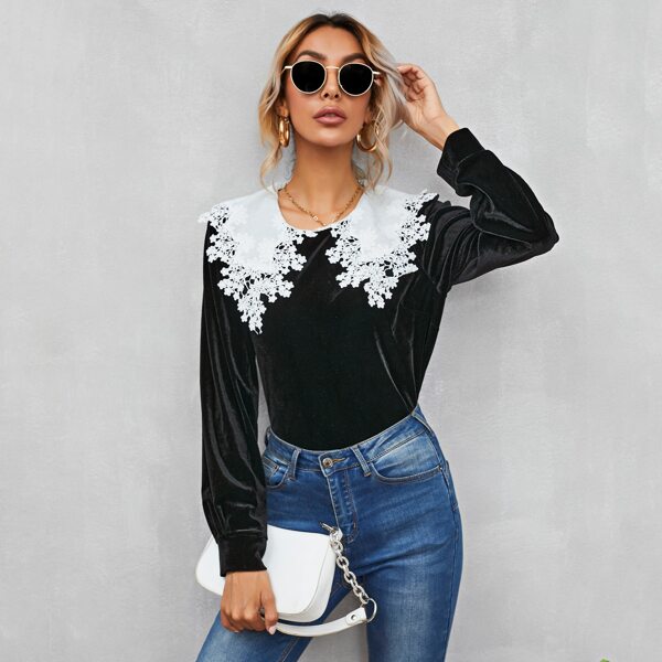 

Contrast Guipure Lace Statement Collar Velvet Top, Black