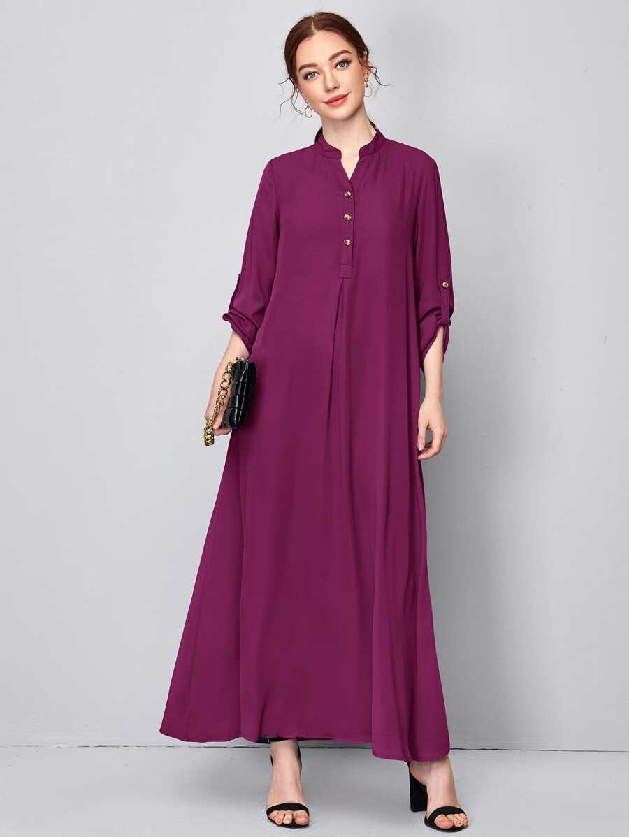SHEIN Rolled Tab Sleeve Button Front Dress - Red Violet - View 1