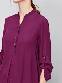 SHEIN Rolled Tab Sleeve Button Front Dress - Red Violet - View 3